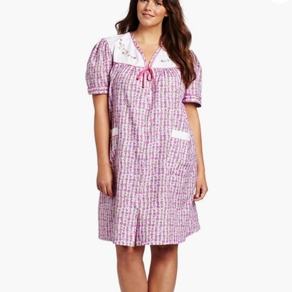 Carol Express Women’s Snap Button Embroidered Yoke Duster House Dress Pink - Picture 2 of 10